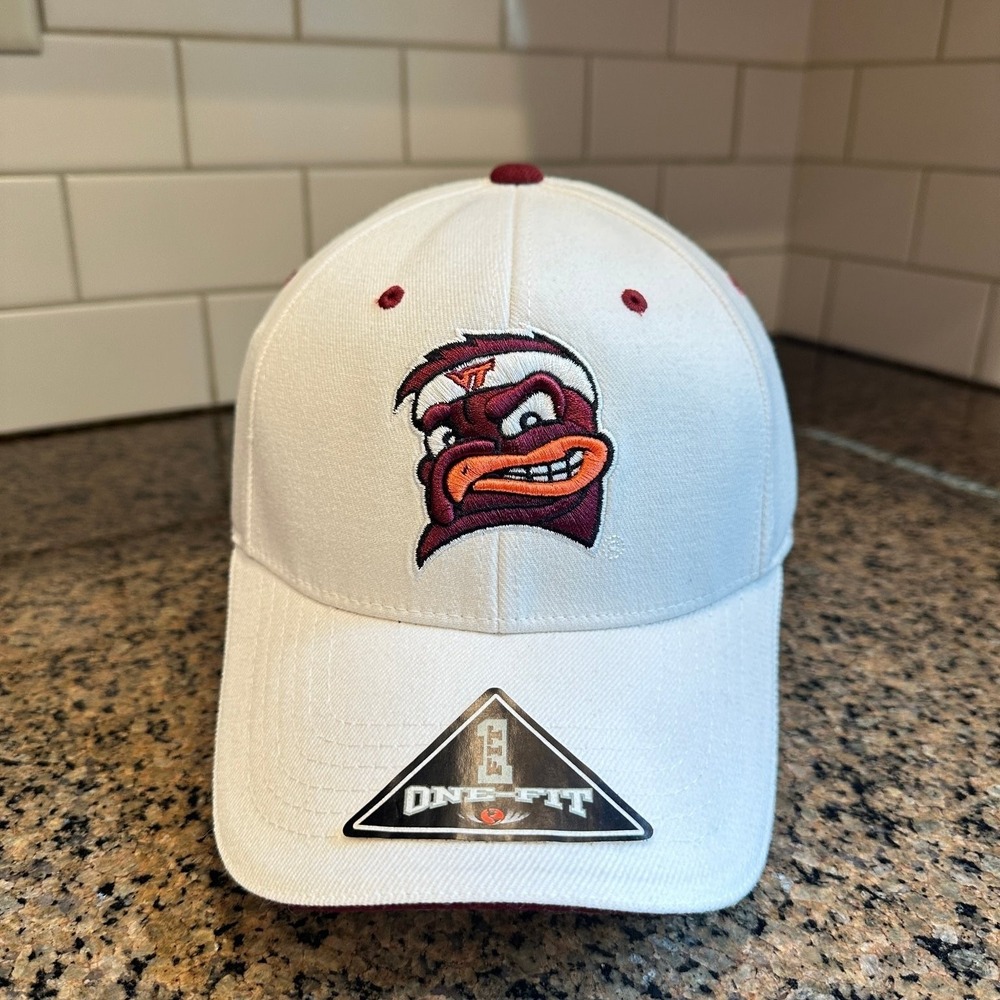 Vtg Virginia Tech Hokies Hat Top of the World ONE FIT Stretch White